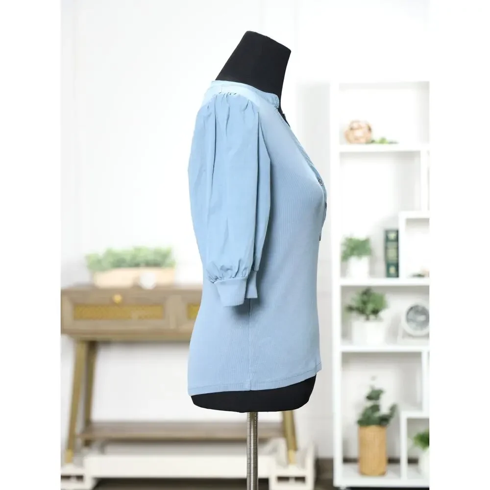 Veronica Beard Dusty Blue Ribbed Cotton Puff Sleeve Quiet Luxuy Capsule Top S - Picture 8 of 15